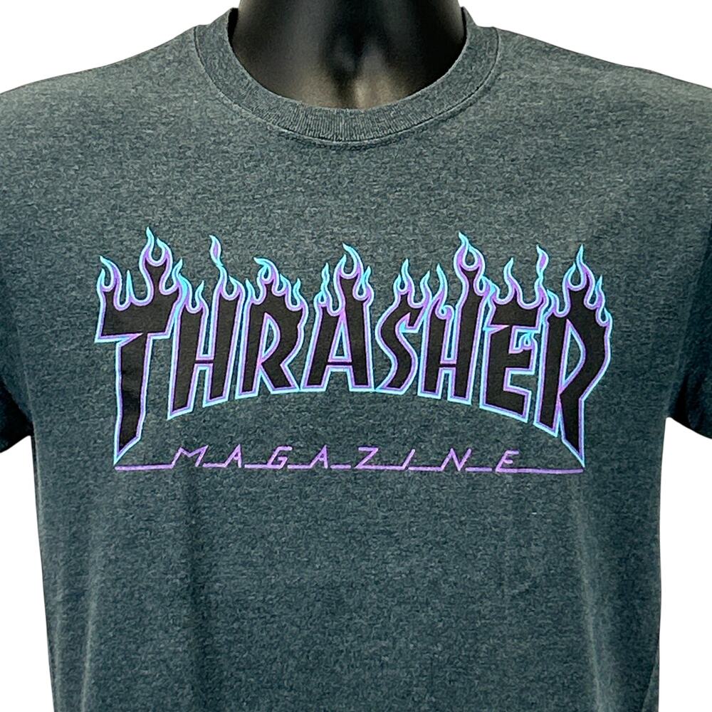 Thrasher Skateboard Magazine T Shirt Blue Fire Flames Skating Skater S Small